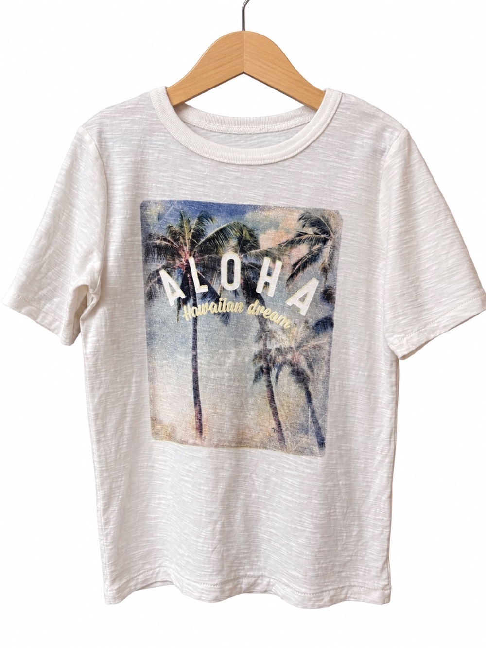 Boys Aloha Hawaii Palm Tree Graphic Tee White Slub T-Shirt EUC